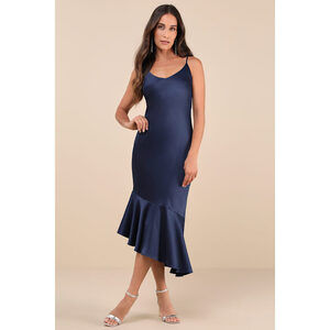 Lulus Strictly Romance Navy Satin Asymmetrical Tiered Midi Dress Blue - Size L